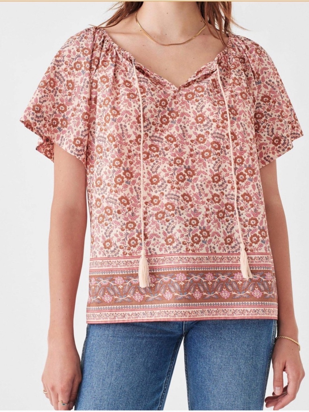 Faherty Florence Pink Floral Tassel Tie Peasant Blouse Large Boho Paisley